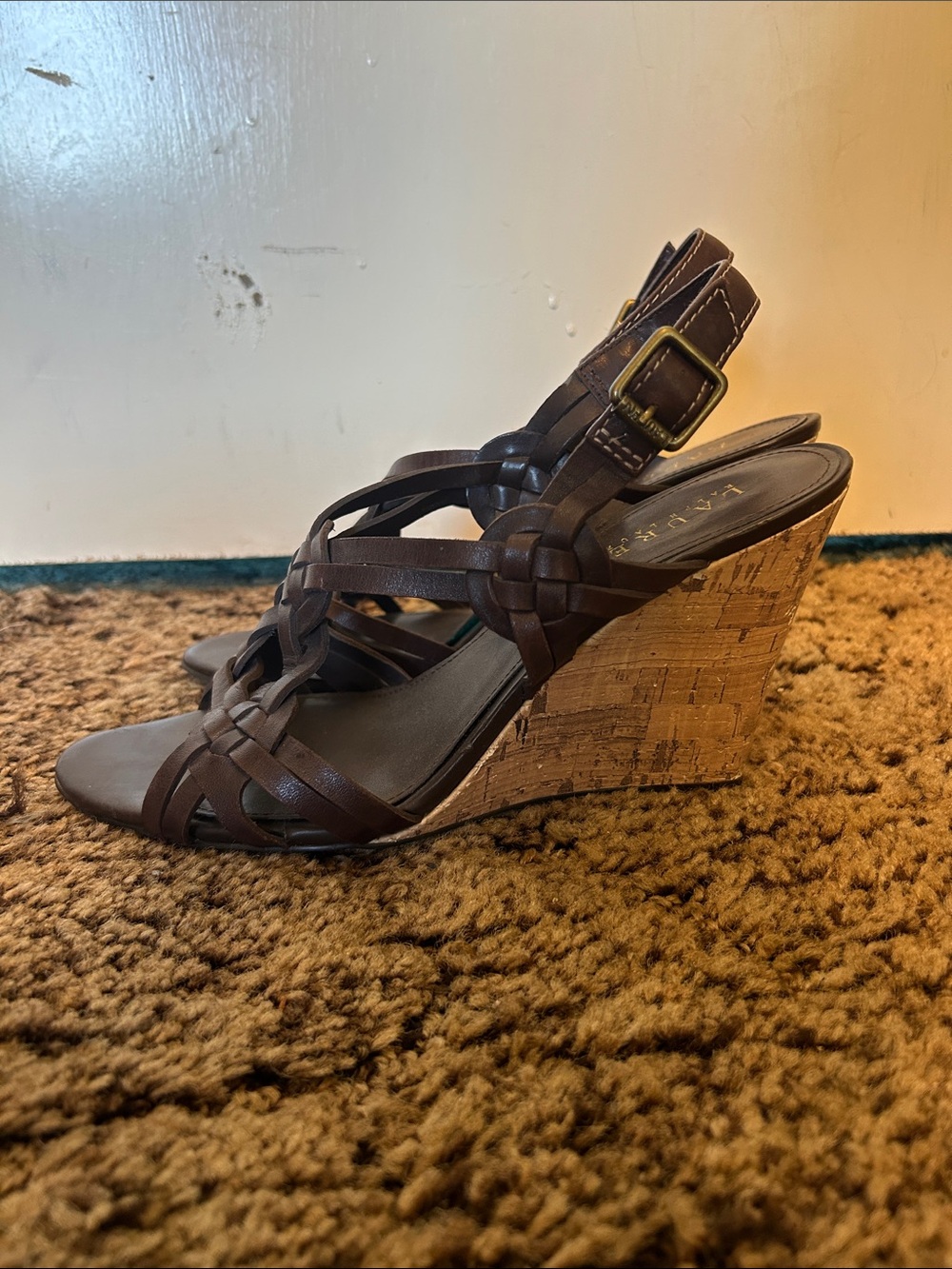 Ralph Lauren Brown Braided Leather Cork Wedge Sandals